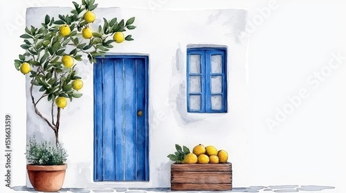 Watercolor Painting of Mediterranean House with Blue Door and Lemon Tree