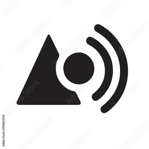 Minimalist Sound Icon: A sleek, monochrome icon representing sound and signal transmission. A triangle merges with a circle and curved lines, conveying the concept of sound waves or data streaming.