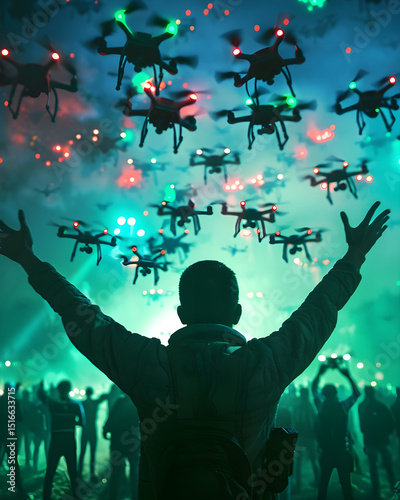 Man Controlling Drone Swarm at Sunset – Futuristic Technology Concept