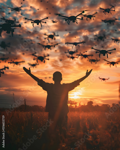 Man Controlling Drone Swarm at Sunset – Futuristic Technology Concept