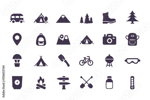 Camping and hiking icon set. flat adventure and outdoor travel symbols including tent, compass, backpack, campfire, map pin, and more. vector illustration