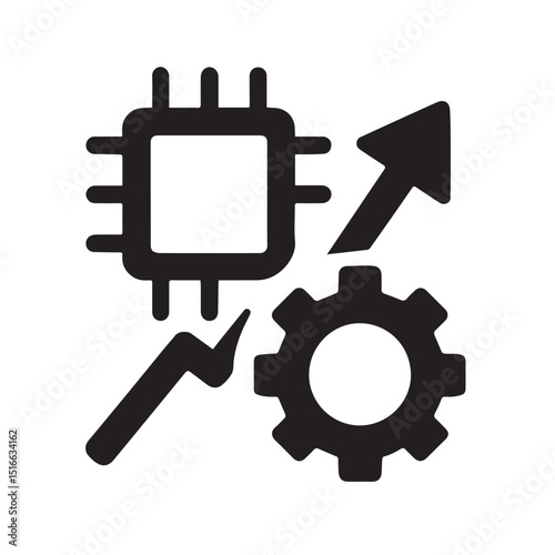 Technical Advancement: Depicting innovation with integrated circuits, gear, and trend lines, a monochrome image symbolizing technological progress and digital evolution.