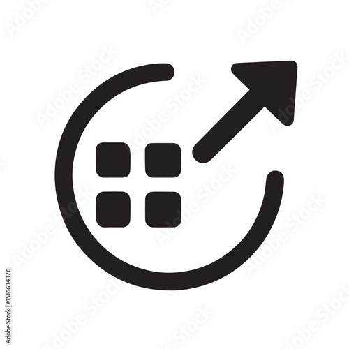 Growth Icon: A simple, bold icon depicts business or concept development with a curved arrow, pointing upwards within a curved square, symbolizing progress.