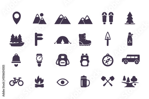 Camping and hiking icon set. flat adventure and outdoor travel symbols including tent, compass, backpack, campfire, map pin, and more. vector illustration