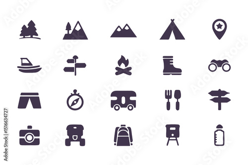 Camping and hiking icon set. flat adventure and outdoor travel symbols including tent, compass, backpack, campfire, map pin, and more. vector illustration
