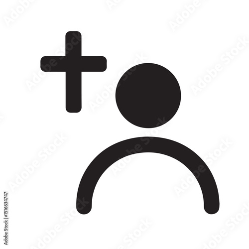 Add User Icon: Simple icon depicting the addition of a new user, represented by a plus symbol (+) alongside a person symbol. Ideal for user interface design, digital platforms.