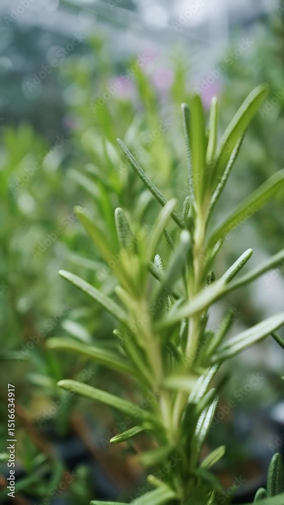 Close-up of aromatic rosemary plant with needle-like leaves growing indoors with a blurred background, highlighting fresh green herb Close-up of aromatic rosemary plant with needle-like leaves growing indoors with a blurred background, highlighting fresh green herb