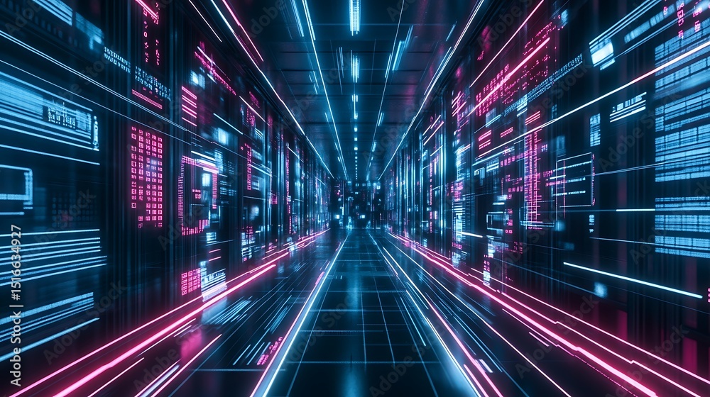 Fototapeta premium Futuristic server room tunnel with glowing data streams
