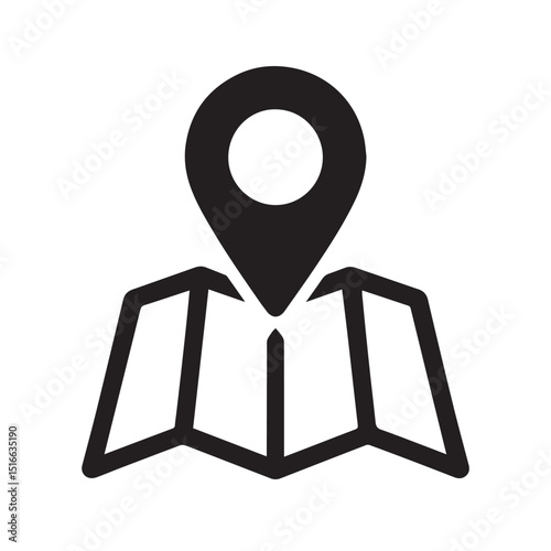 Geographic Marker Icon: A minimalist black icon showcasing a folded map beneath a location pin, a simple visual representation of navigation and place