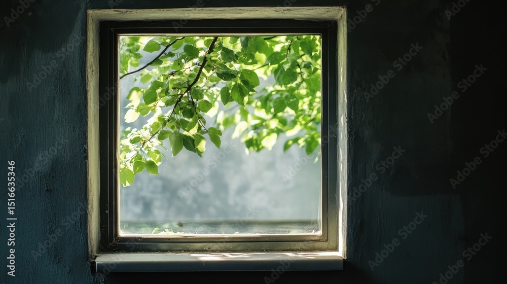 Fototapeta premium Sunlight streams through a leafy window.