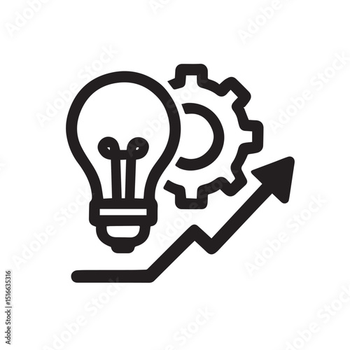 Innovation and Growth: A lightbulb symbolizing an idea merges with a gear representing process, all ascending on an upward arrow, depicting innovation and growth.