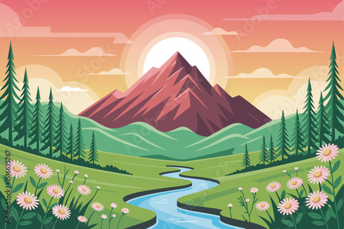 Majestic mountain stands proud beneath a vibrant sunset sky background