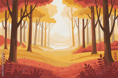 Autumn, with a path meandering through a vibrant forest background