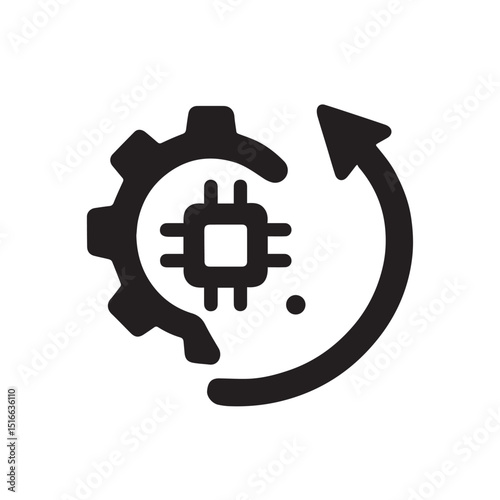 Continuous Improvement Icon: A cogwheel integrated with a microchip, encircled by a curved arrow, symbolizes continuous improvement, innovation, and technological advancement.