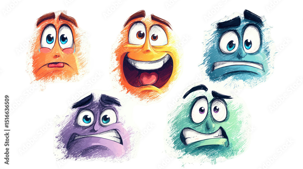 Five colorful cartoon faces are expressing different human emotions, such as sadness, happiness, fear, and anger, on a transparent background Five colorful cartoon faces are expressing different human emotions, such as sadness, happiness, fear, and anger, on a transparent background