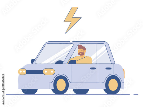 Electric Vehicle with Driver Under Lightning Bolt, Sustainable Transportation Concept Illustration Vector Illustration