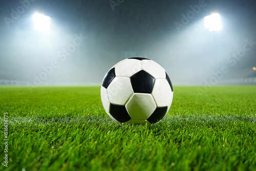 Soccer ball on grass field at night illuminated by stadium lights photo