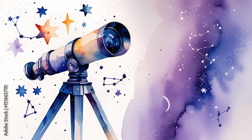  watercolor telescope with stars constellations and cosmic background for astronomy and space exploration
