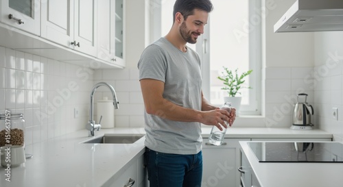 Young man holding a glass of water in modern kitchen during the day  