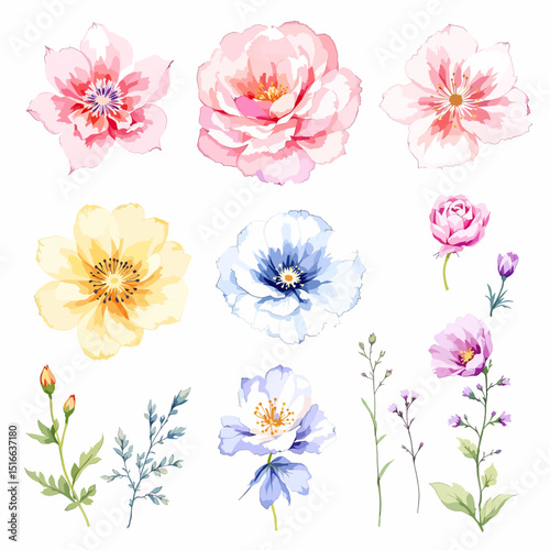 Set of watercolor flowers on white background, Set watercolor Flowers Clipart