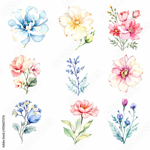  Set of watercolor flowers on white background, Set watercolor Flowers Clipart