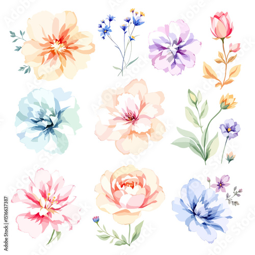  Set of watercolor flowers on white background, Set watercolor Flowers Clipart