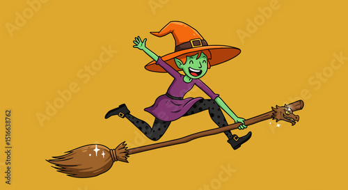 Cartoon Green Witch Flying on Broomstick Against Orange Background for Halloween