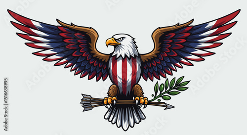 Patriotic Eagle with American Flag and Olive Branch Emblem Artwork Illustration