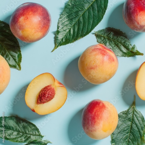 Fresh Peaches and Leaves on Light Blue Background photo