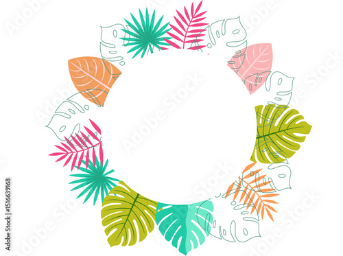 Vector illustration of tropical leaves arranged in a circle with empty space for text in the center.