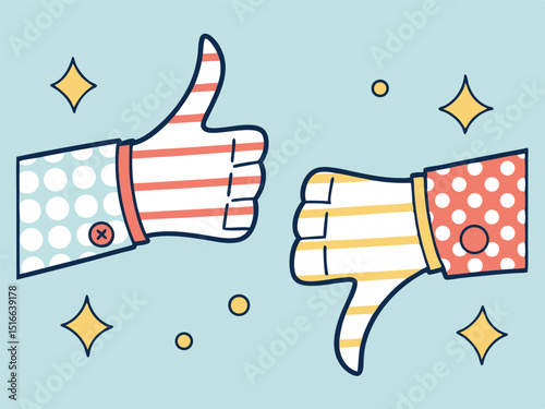 Cartoon Thumbs Up and Thumbs Down Illustration Approval and Disapproval Concept with Polka Dots, Stripes, and Sparkles on Blue Background Vector Illustration