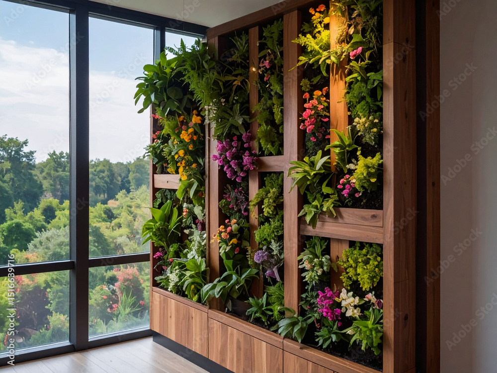 Fototapeta premium Indoor Vertical Garden with Dominant Greenery, Floral Wall Accents, and Wooden Elements – Modern Natural Interior Decor