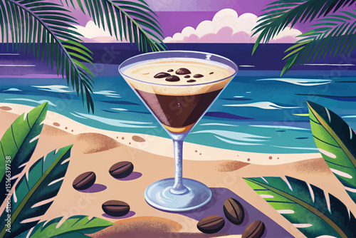 Espresso Martini cocktail vector with coffee bean garnish on beach illustration