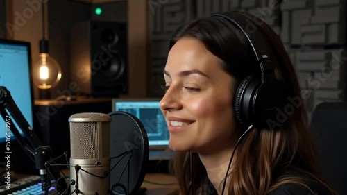 A woman with long hair smiles while wearing headphones in a recording studio, standing in front of a microphone.