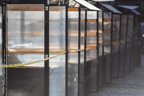 Row of closed stalls in Camden Market, London, England
