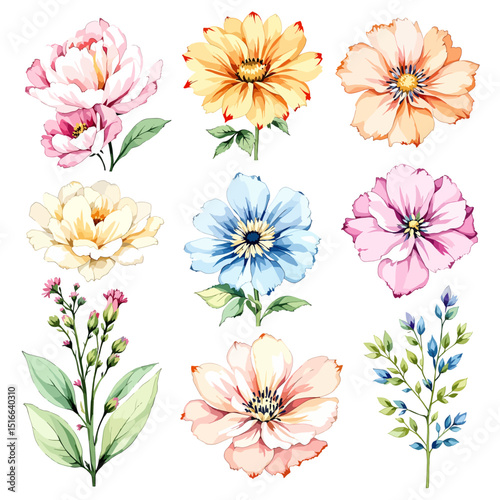 Set watercolor abstract Flowers Clipart, Beautiful floral bouquet illustrations set with watercolor hand drawn flowers
