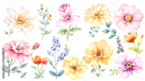 Set watercolor abstract Flowers Clipart, Beautiful floral bouquet illustrations set with watercolor hand drawn flowers