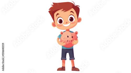 Young Boy Holding Piggy Bank, Demonstrating Concept of Saving Money