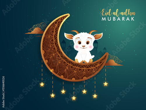 Eid AL Adha or Bakrid banner, poster design vector Illustration. Beautiful golden mandala hand drawn moon and cute goat.