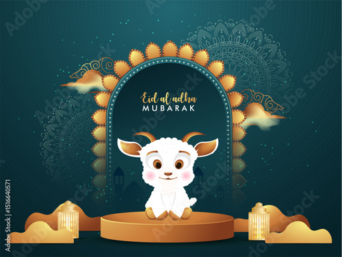 Eid AL Adha or Bakrid banner, poster design vector Illustration. Pedestal Podium Background, golden mandala hand drawn moon and cute goat.