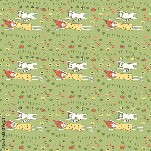 A girl and a cat lying on the grass, picnic scene, seamless pattern in naive doodle style, outline illustration. Carefree summer vibe, vacation, children’s leisure, suitable for joyful playful project