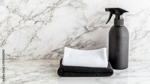 Minimalist Cleaning Setup with Black Spray Bottle and Neatly Folded Microfiber Cloth on Marble Surface