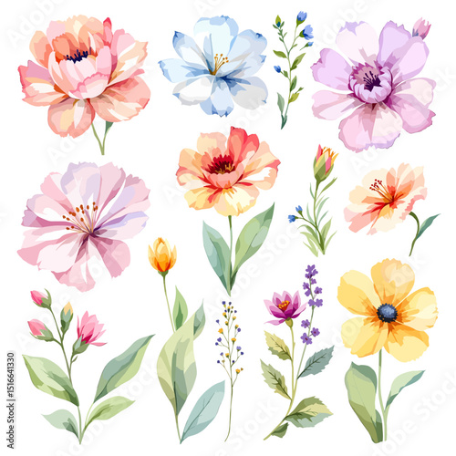 Set watercolor Flowers Clipart, wildflower clipart vector for graphic resources