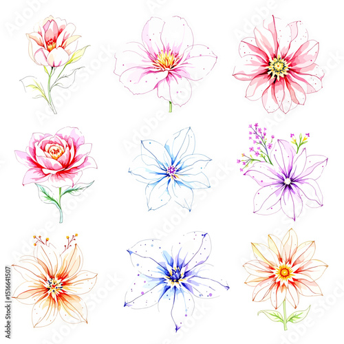 Set watercolor Summer Flowers Clipart, Beautiful floral bouquet illustrations set with watercolor hand drawn flowers