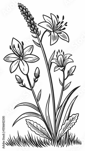 Black and white vector plants with anatomical details (like in old herbariums), cross hatching, vintage style