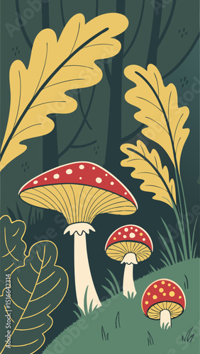 Vector Fairytale set fly agarics, chanterelles, oak leaves with veins, moss texture, dark green and brown shades
