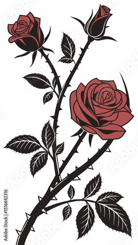  Vector Gothic roses with thorns, gradient from scarlet to black, detailed petals, dramatic shadows, vector grunge