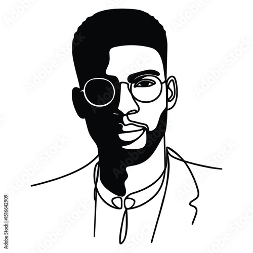 Portrait of a young handsome black man wearing glasses drawing a continuous line.