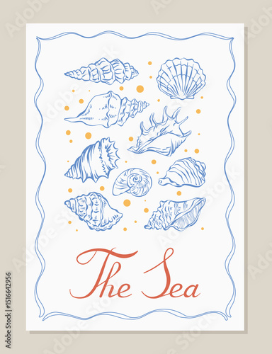 Seashells poster in hand drawn line art style. Vintage summer vacation. Whimsical nautical coastal illustration with various sea shells for retro poster, card, print. La dolce vita vector.