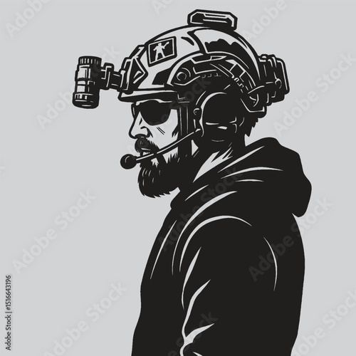 vector silhouette illustration of tactical army with beard and  tactical helmet